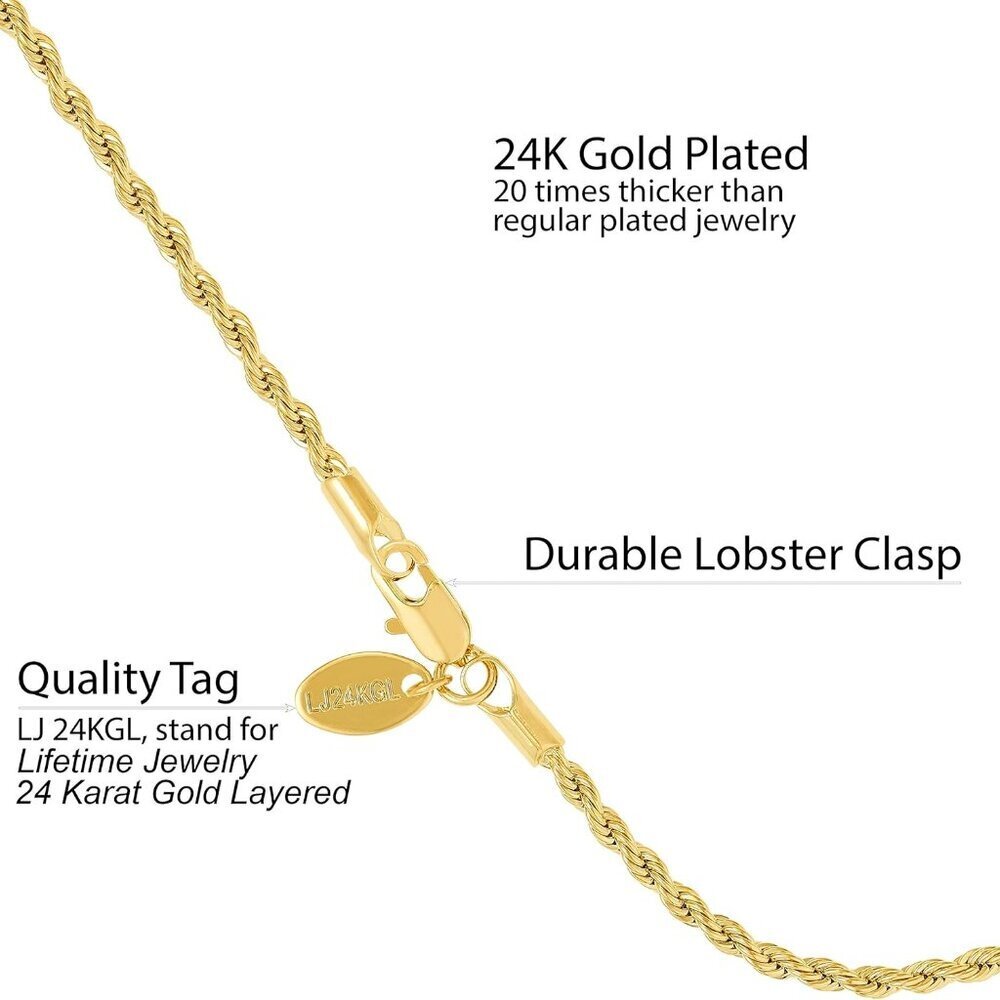 Womens Gold Anklet 2mm Rope Chain Ankle Bracelet 24k Real Gold Plated - Picture 4 of 8